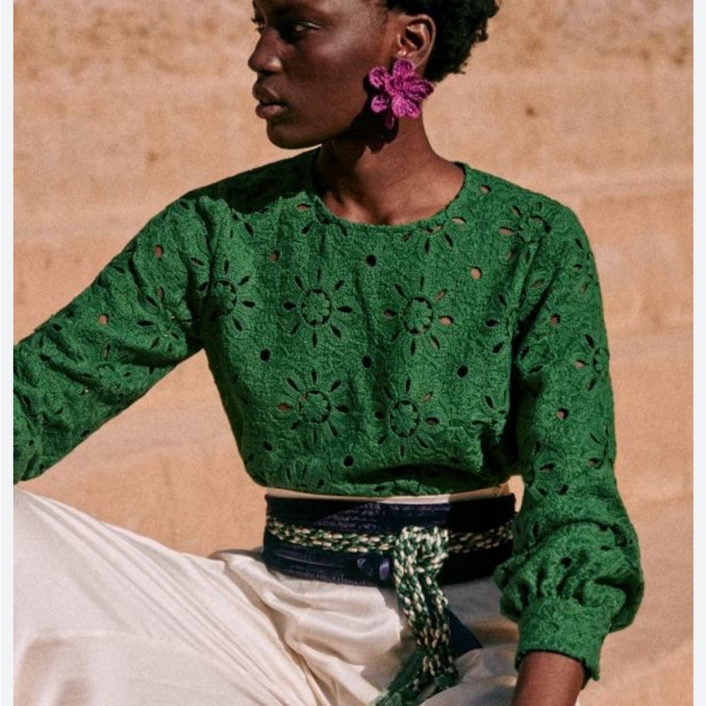 Sezane Jesse Bottled Green Lace Cotton Blouse